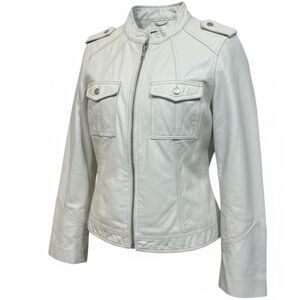 Cream Genuine Leather Moto Jacket Women’s Military Style Zip Up